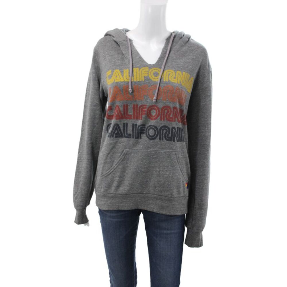Aviator Nation Womens Pullover Hoodie Gray Graphic Drawstring V-Neck Size M